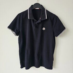 MONCLER Black Logo Patch Cotton Polo Shirt White Stripe Men's Medium